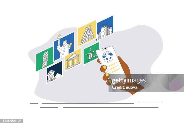use your mobile phone to order air tickets to foreign tourist attractions. - kinderdijk stock illustrations