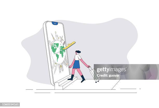 stockillustraties, clipart, cartoons en iconen met female white-collar workers walked into the mobile phone to travel the world. - greek islands