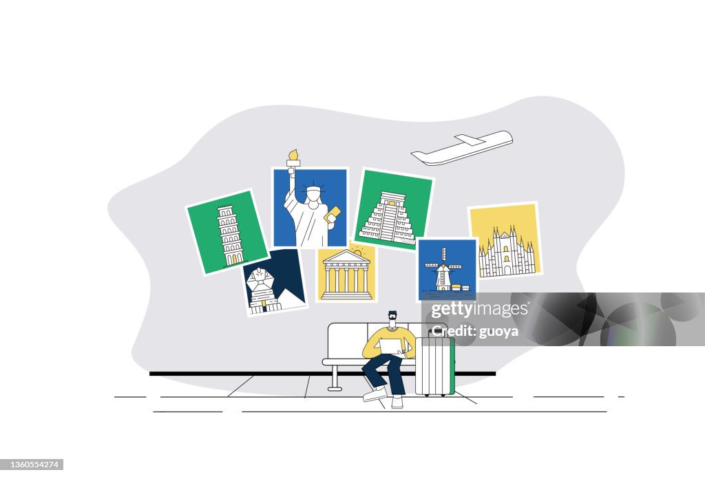 The man searches for the sights of world travel.