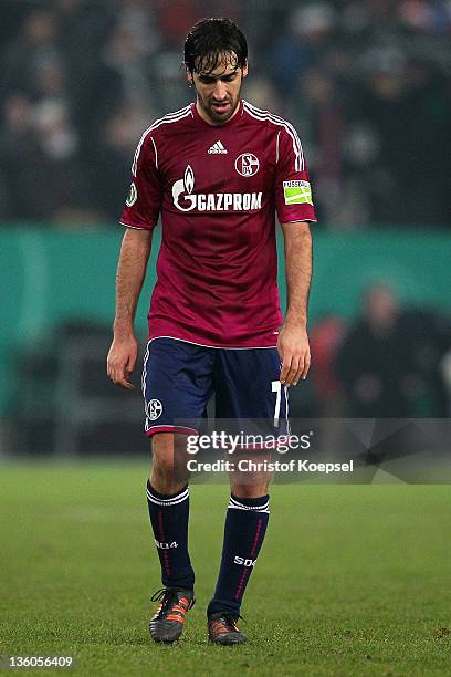 Raul Gonzalez of Schalke looks dejected after the DFB Cup round of sixteen match between Borussia Moenchengladbach and FC Schalke 04 at Borussia Park...