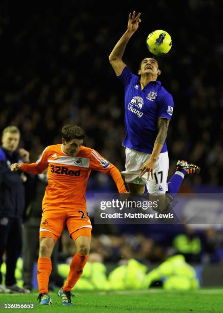 Tim Cahill of Everton wins the ball from Joe Allen of Swansea during the Barclays Premier League match between Everton and Swansea City at Goodison...