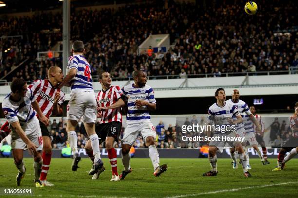 Wes Brown of Sunderland scores their third goal during the Barclays Premier League match between Queens Park Rangers and Sunderland at Loftus Road on...
