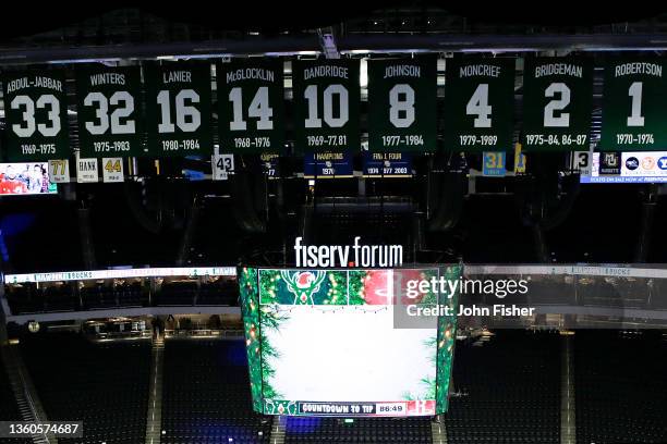 View of the banners hanging above the Forum honoring past Milwaukee Bucks before the game between the Milwaukee Bucks and Houston Rockets at Fiserv...