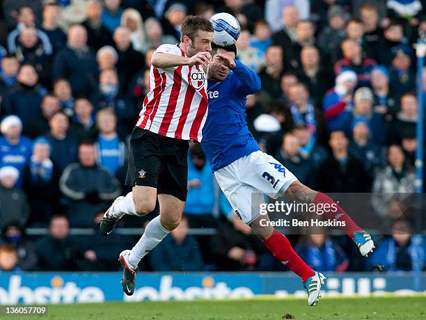 Ricky Lambert of Southampton battles in the air with Ricardo Rocha of Portsmouth during the npower Championship match between Portsmouth and...