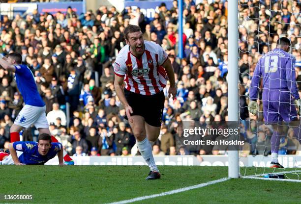 Ricky Lambert of Southampton celebrates scoring the opening goal of the npower Championship match between Portsmouth and Southampton at Fratton Park...