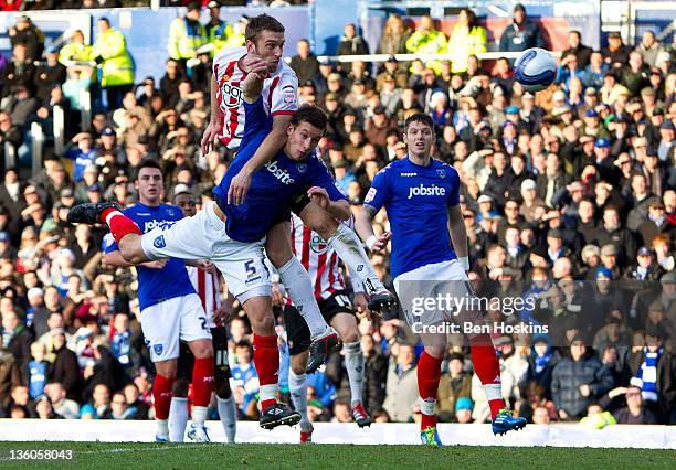 Ricky Lambert of Southampton heads the ball to score the opening goal of the npower Championship match between Portsmouth and Southampton at Fratton...