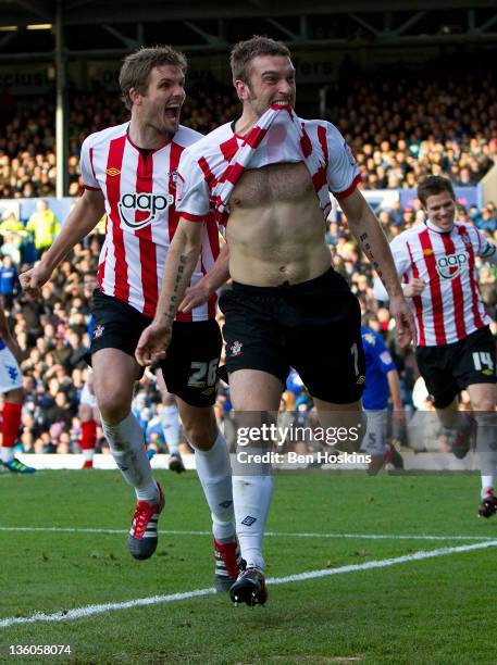 Ricky Lambert of Southampton celebrates after scoring the opening goal of the npower Championship match between Portsmouth and Southampton at Fratton...