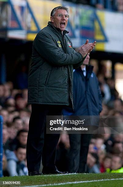 Southampton manager Nigel Adkins shouts instructions during the npower Championship match between Portsmouth and Southampton at Fratton Park on...