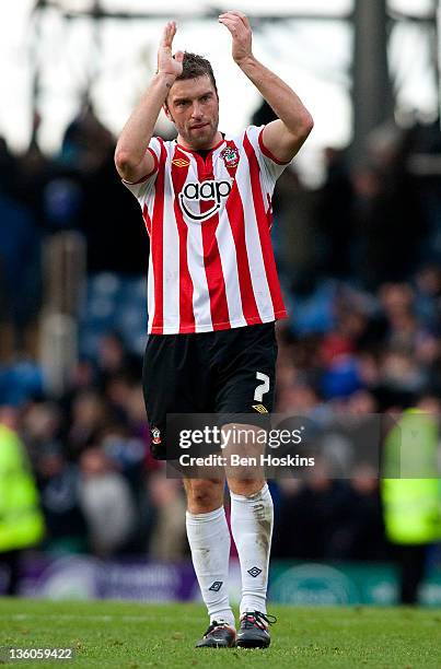 Ricky Lambert of Southampton shows his appreciation towards Southampton fans during the npower Championship match between Portsmouth and Southampton...