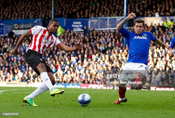 Guly do Prado of Southampton gets a shot in on goal during the npower Championship match between Portsmouth and Southampton at Fratton Park on...