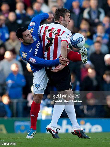 Ricardo Rocha of Portsmouth battles with Ricky Lambert of Southampton during the npower Championship match between Portsmouth and Southampton at...
