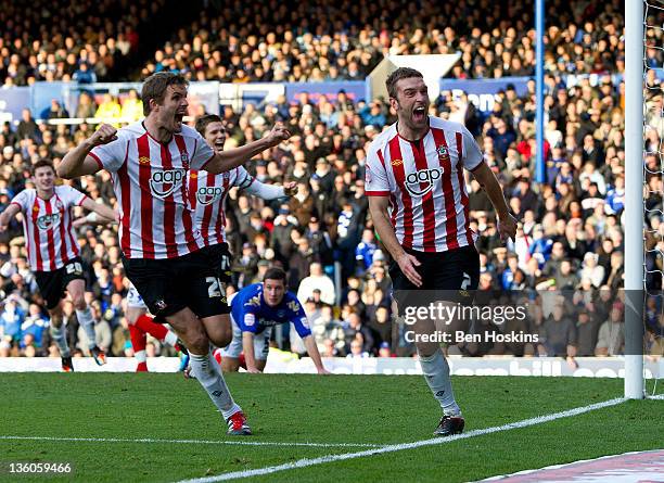 Ricky Lambert of Southampton celebrates after scoring the opening goal of the npower Championship match between Portsmouth and Southampton at Fratton...