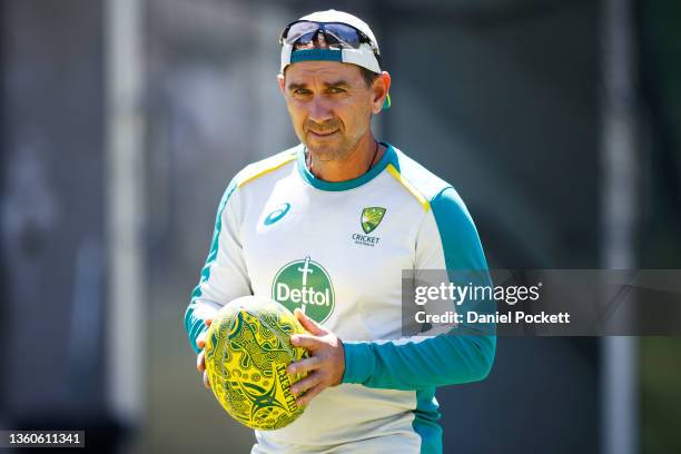 Australia head coach Justin Langer looks on during an Australian Ashes squad nets session at Melbourne Cricket Ground on December 24, 2021 in...