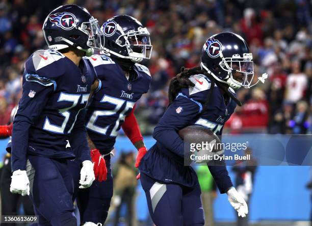 Janoris Jenkins of the Tennessee Titans reacts after intercepting a pass in the first quarter of the game against the San Francisco 49ers at Nissan...