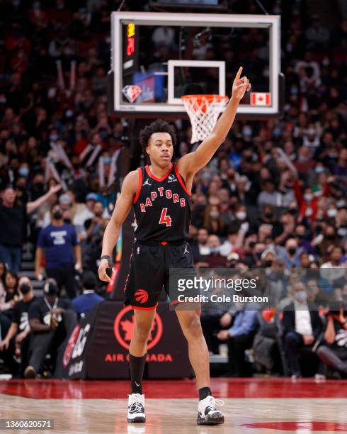 Scottie Barnes of the Toronto Raptors during the first half of their NBA game against the Milwaukee Bucks at Scotiabank Arena on December 2, 2021 in...