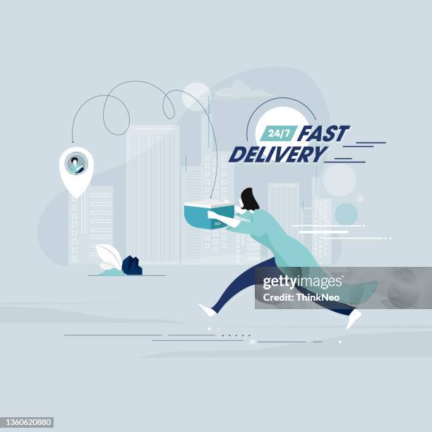delivery girl running with delivery box, fast delivery service concept - pizza boxes stock illustrations