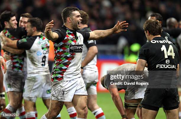 Nick Easter of Harlequins celebrates his teams victory at the final whistle during the Heineken Cup match between Toulouse and Harlequins at Le...