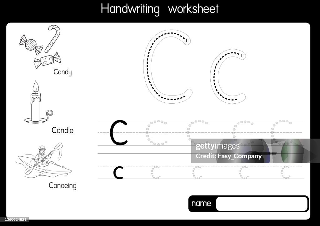 Black and white vector illustration of with alphabet letter C Upper case or capital letter for children learning practice ABC