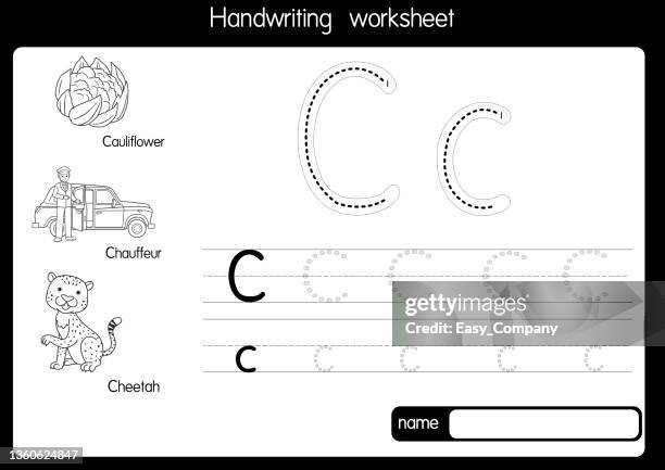 black and white vector illustration of with alphabet letter c upper case or capital letter for children learning practice abc - cheetah running stock illustrations