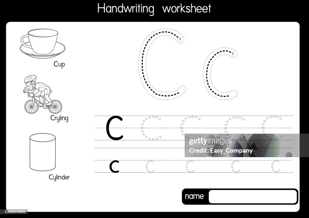 Black and white vector illustration of with alphabet letter C Upper case or capital letter for children learning practice ABC