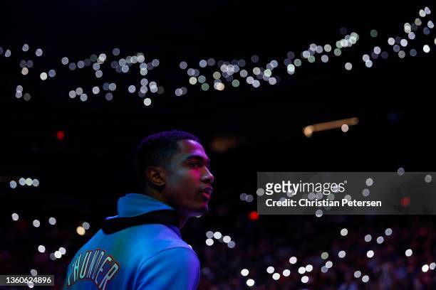 Theo Maledon of the Oklahoma City Thunder stands on the court before the start of the NBA game against the Phoenix Suns at Footprint Center on...