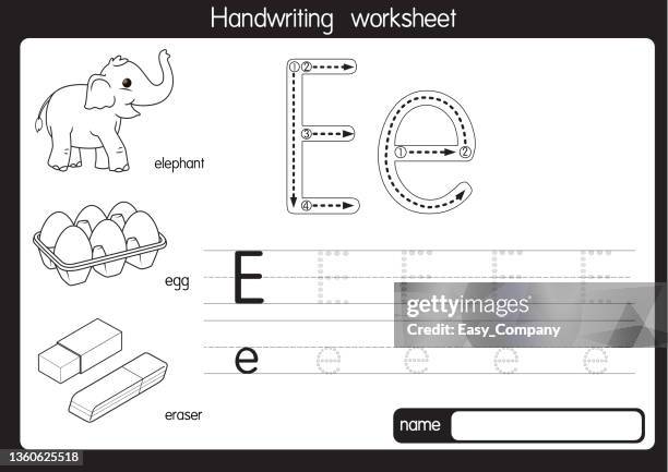 ilustrações de stock, clip art, desenhos animados e ícones de black and white vector illustration of  with alphabet letter e upper case or capital letter for children learning practice abc - capital letter