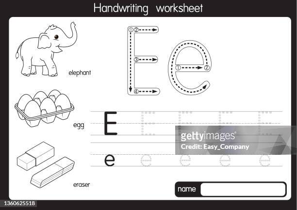 black and white vector illustration of  with alphabet letter e upper case or capital letter for children learning practice abc - coloring stock illustrations