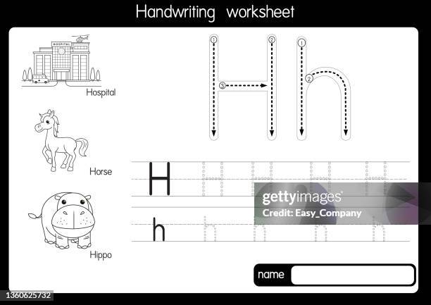 black and white vector illustration of with alphabet letter h upper case or capital letter for children learning practice abc - white andalusian horse stock illustrations