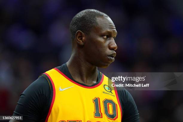 Gorgui Dieng of the Atlanta Hawks looks on against the Philadelphia 76ers at the Wells Fargo Center on December 23, 2021 in Philadelphia,...