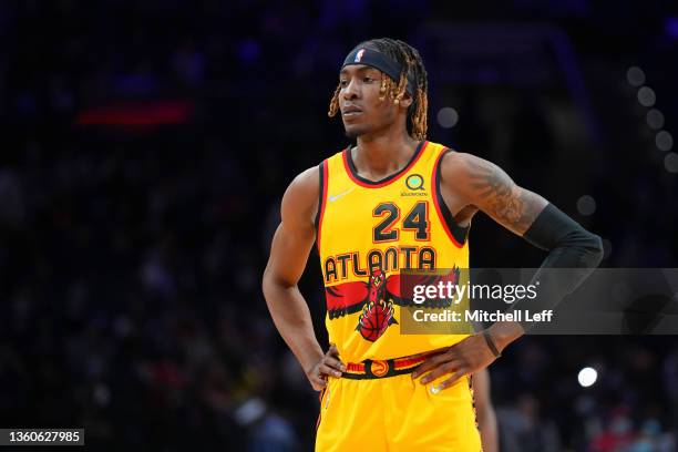 Wes Iwundu of the Atlanta Hawks looks on against the Philadelphia 76ers at the Wells Fargo Center on December 23, 2021 in Philadelphia, Pennsylvania....