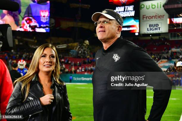 Head coach Gus Malzahn of the UCF Knights is interviewed after defeating the Florida Gators 29-17 in the Union Home Mortgage Gasparilla Bowl at...