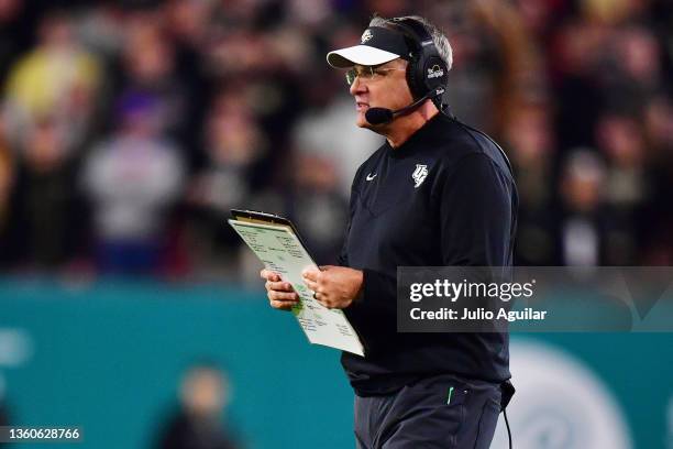 Head coach Gus Malzahn of the UCF Knights looks on from the sideline during the first half of the Union Home Mortgage Gasparilla Bowl against the...