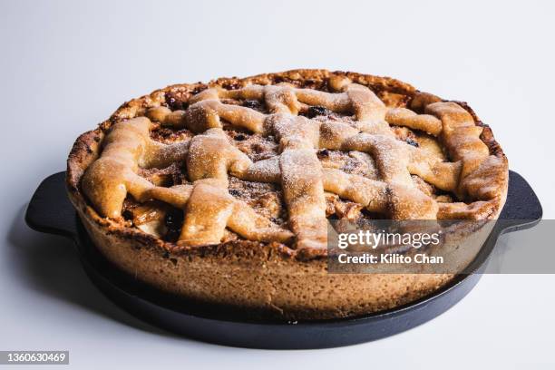 high angle view of fresh baked apple pie on a baking pan - chinese pie stock pictures, royalty-free photos & images