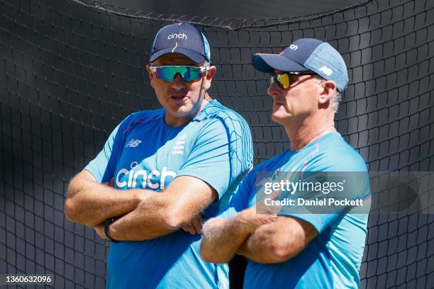 England head coach Chris Silverwood speaks with batting coach Graham Thorpe during an England Ashes squad nets session at Melbourne Cricket Ground on...