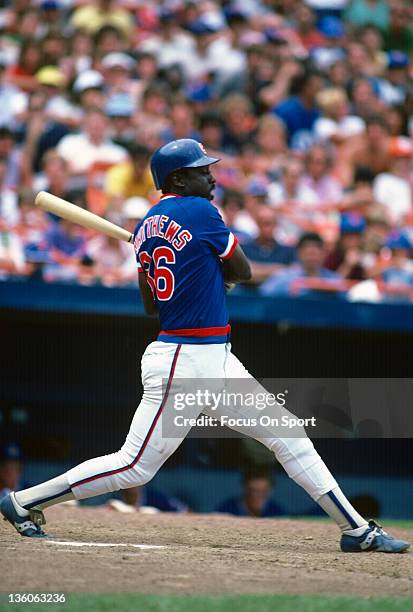 Gary Matthews of the Chicago Cubs bats against the New York Mets during an Major League Baseball game circa 1984 at Shea Stadium in the Queens...