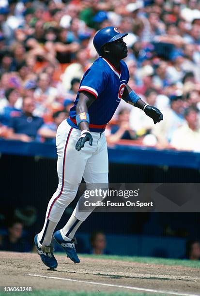 Gary Matthews of the Chicago Cubs bats against the New York Mets during an Major League Baseball game circa 1984 at Shea Stadium in the Queens...