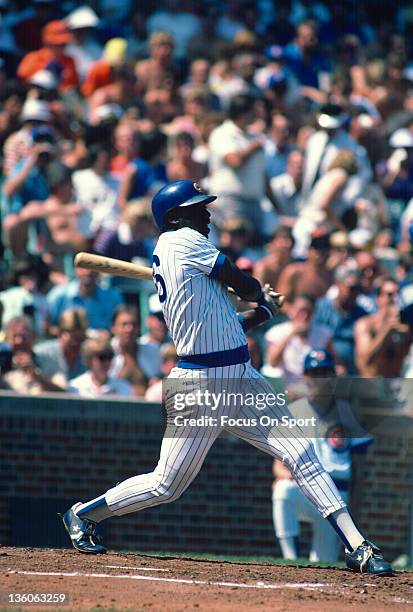 Gary Matthews of the Chicago Cubs bats during an Major League Baseball game circa 1985 at Wrigley Field in Chicago, Illinois. Matthews played for the...