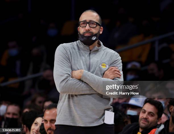 Assistant head coach David Fizdale watches play from the sidelines during a 138-110 San Antonio Spurs win at Staples Center on December 23, 2021 in...