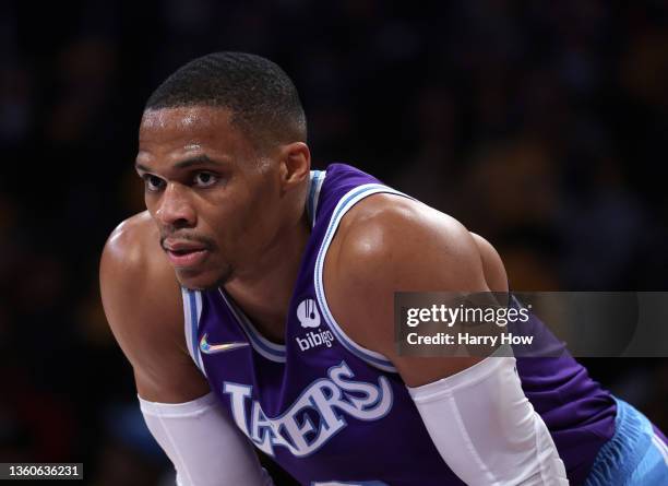 Russell Westbrook of the Los Angeles Lakers waits for a free throw during the game against the San Antonio Spurs at Staples Center on December 23,...