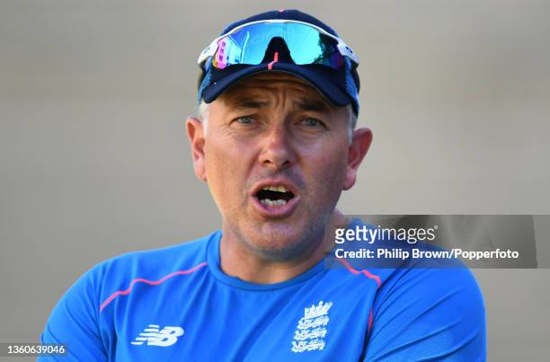 Chris Silverwood of England shouts during an England Ashes squad nets session ahead of Sunday's Third Test match against Australia at Melbourne...