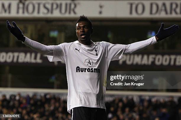 Emmanuel Adebayor of Spurs reacts during the Barclays Premier Leauge match between Tottenham Hotspur and Sunderland at White Hart Lane on December...