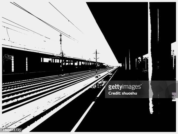 bildbanksillustrationer, clip art samt tecknat material och ikoner med black and white woodcut style landscape scene,railway station - railroad station platform