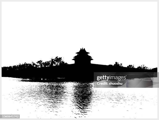black and white woodcut style landscape scene,forbidden city corner tower - building corner stock illustrations