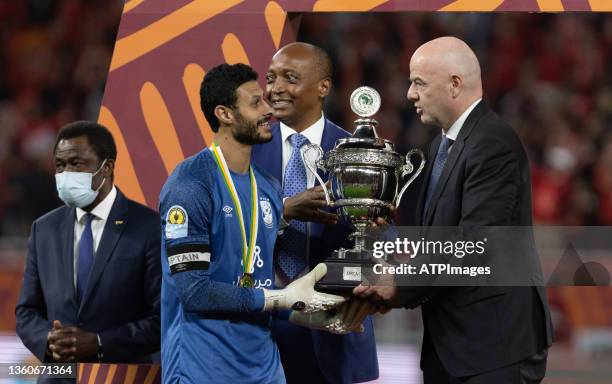 Al-Rayyan QATAR The winner's trophy to Ahly's goalkeeper Mohamed el-Shenawy during the CAF Super Cup football match between Egypt's Al-Ahly and...