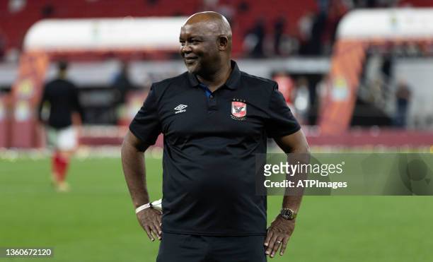Head coach Pitso Mosimane of El Ahly reacts during the CAF Super Cup football match between Egypt's Al-Ahly and Morocco's Raja Club Athletic at the...