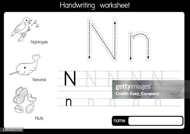 schwarz-weiß-vektorabbildung von mit buchstaben n groß- oder großbuchstaben für kinder lernübung abc - pistazie stock-grafiken, -clipart, -cartoons und -symbole