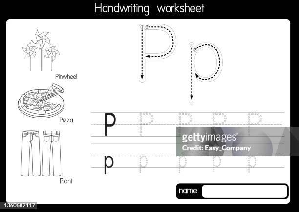 schwarz-weiß-vektorabbildung von mit buchstaben p großbuchstaben oder großbuchstaben für kinder lernübung abc - mittelmeerküche stock-grafiken, -clipart, -cartoons und -symbole