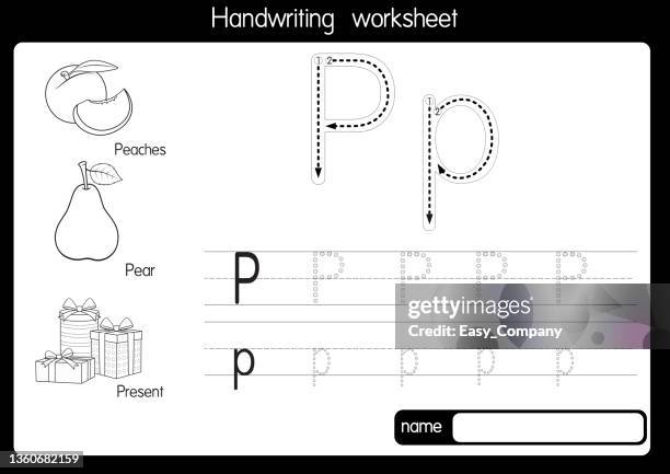 ilustrações de stock, clip art, desenhos animados e ícones de black and white vector illustration of  with alphabet letter p upper case or capital letter for children learning practice abc - ps arts