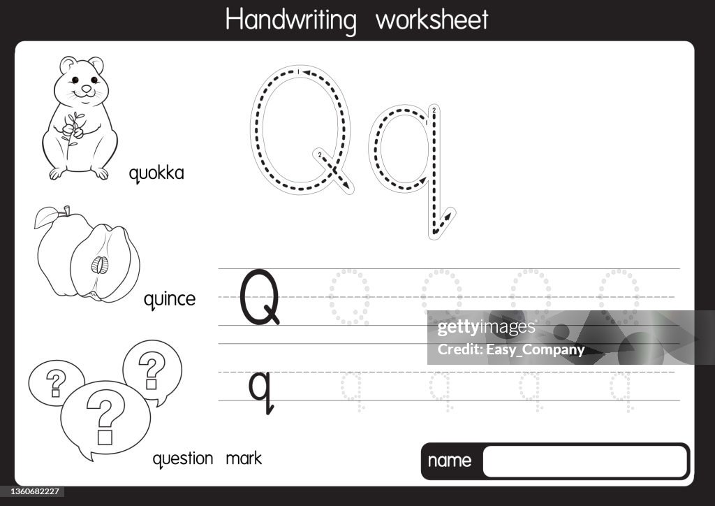 Black and white vector illustration of with alphabet letter Q Upper case or capital letter for children learning practice ABC