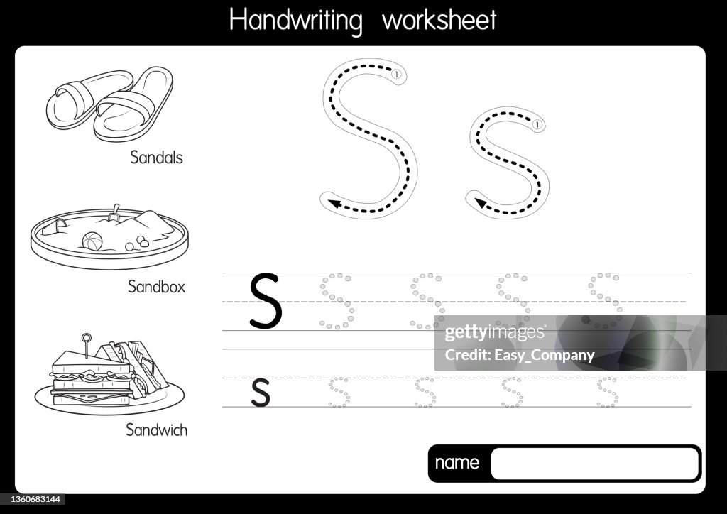 Black and white vector illustration of with alphabet letter S Upper case or capital letter for children learning practice ABC